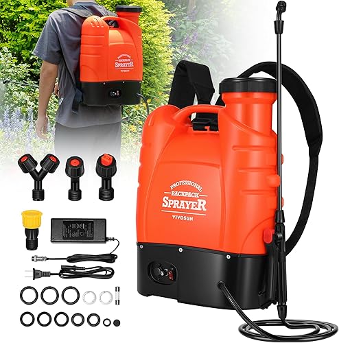 VIVOSUN Pulverizador de mochila con batería de 4 galones, pulverizador de bomba eléctrica con cuatro boquillas para césped de jardín, naranja