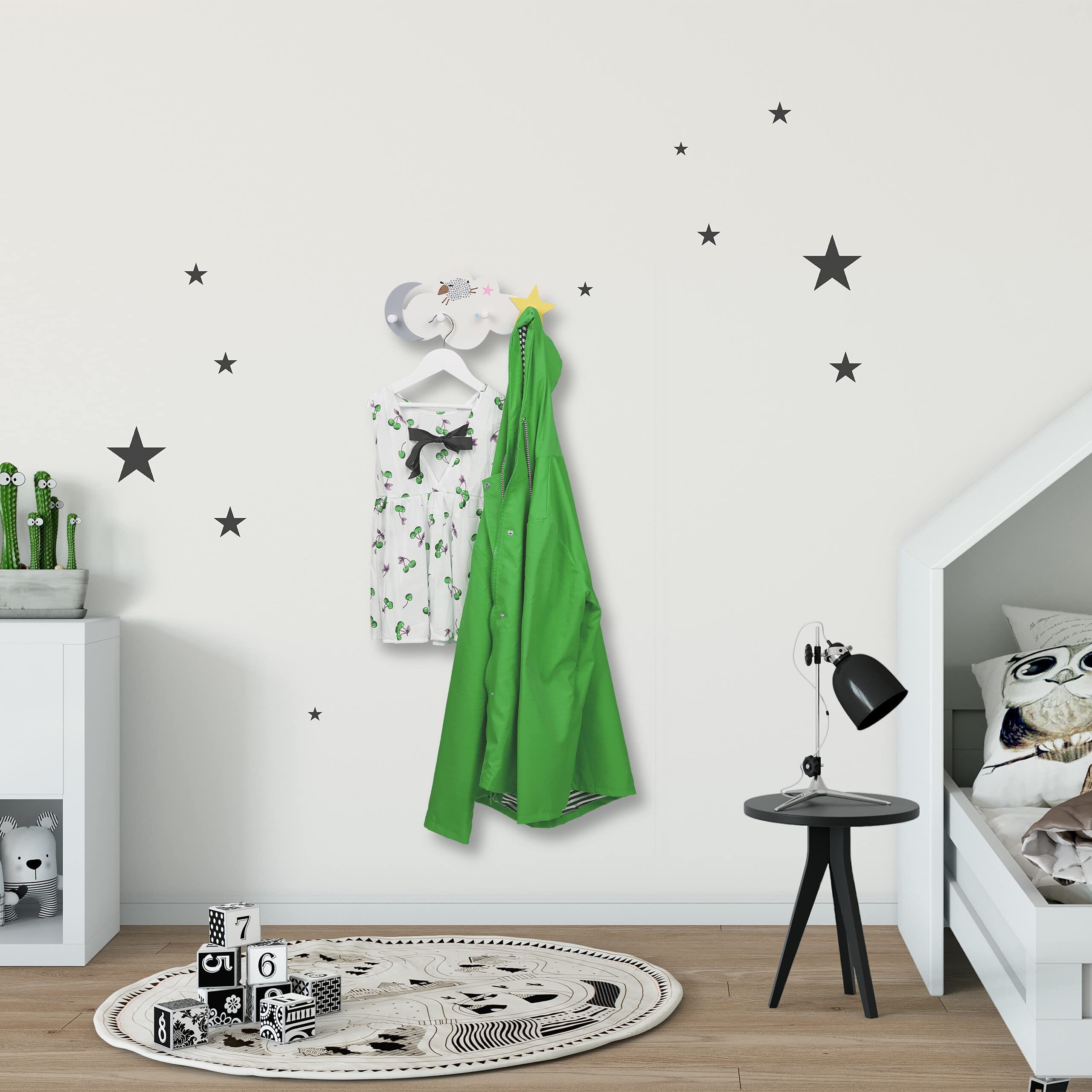 Relaxdays Perchero Infantil Nube, Colgador Pared, 16,5x34,5x5 cm, MDF, Ganchos Guardarropa Niños, Cielo Nocturno, Blanco
