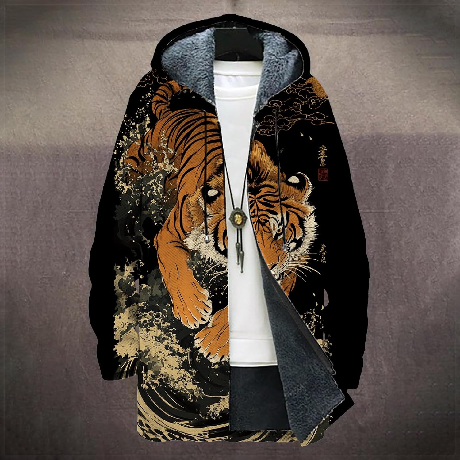 Dragon Print Zip Up Hoodie Men Heavyweight Drasting Fleece Big And Tall Novelty Warm Loose Fit Hooded Sweatshirt - Image 2