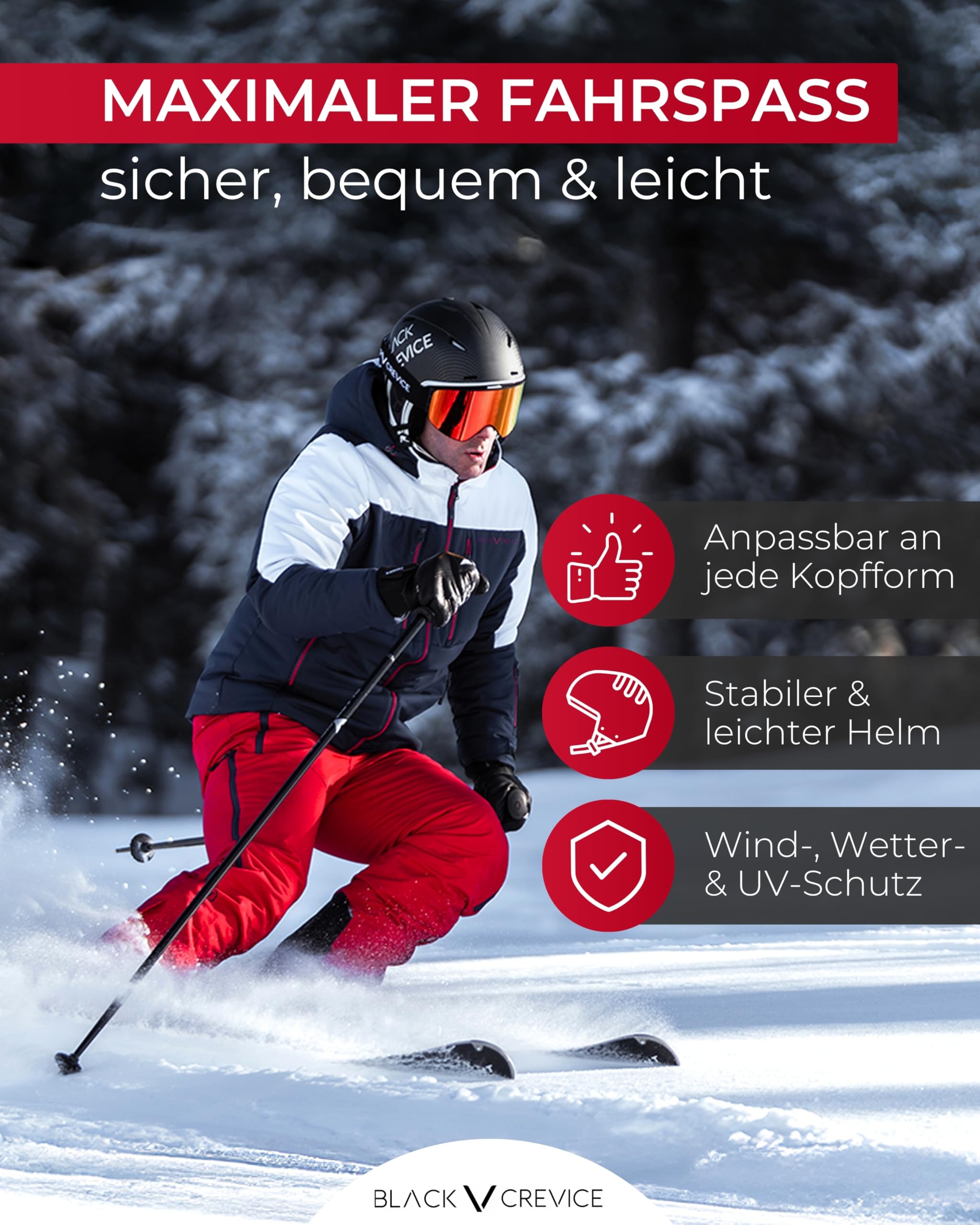 BLACK CREVICE Skihelm Wengen I Skihelm mit Visier aus Polycarbonat I Skihelm Herren & Damen I Leichte Double-Inmould-Technologie I Atmungsaktiver Ski-Helm I Größenverstellbar