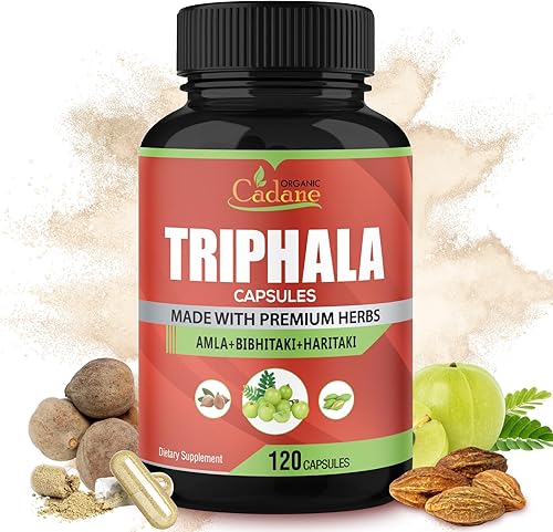 Organic Cadane Suplemento Triphala (3 polvos de frutas), 120 cápsulas vegetales Mejora la función de digestión, apoya el sistema inmunológico