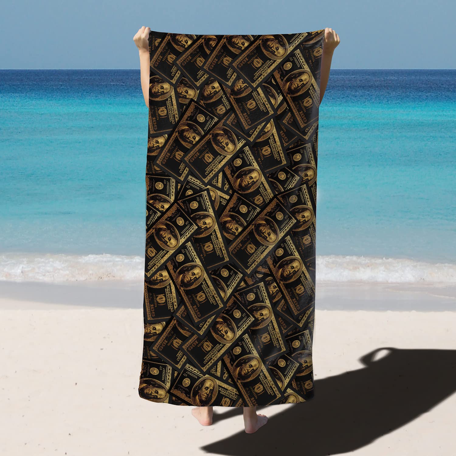 GUBIYU Black and Gold 100 Dollar Bill Large Funny Beach Towels One Hundred Pool Towels Quick Dry Oversized Cotton Beach Towel,Bath Towel Extra Long for Camping Holiday 31