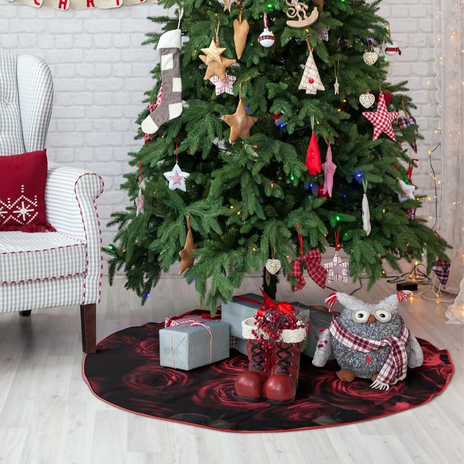 Christmas Tree Skirt,for Xmas Tree Holiday Party Decorations Full of Red Roses Printed Christmas Tree Mat Red Lace-up Christmas Tree Dress