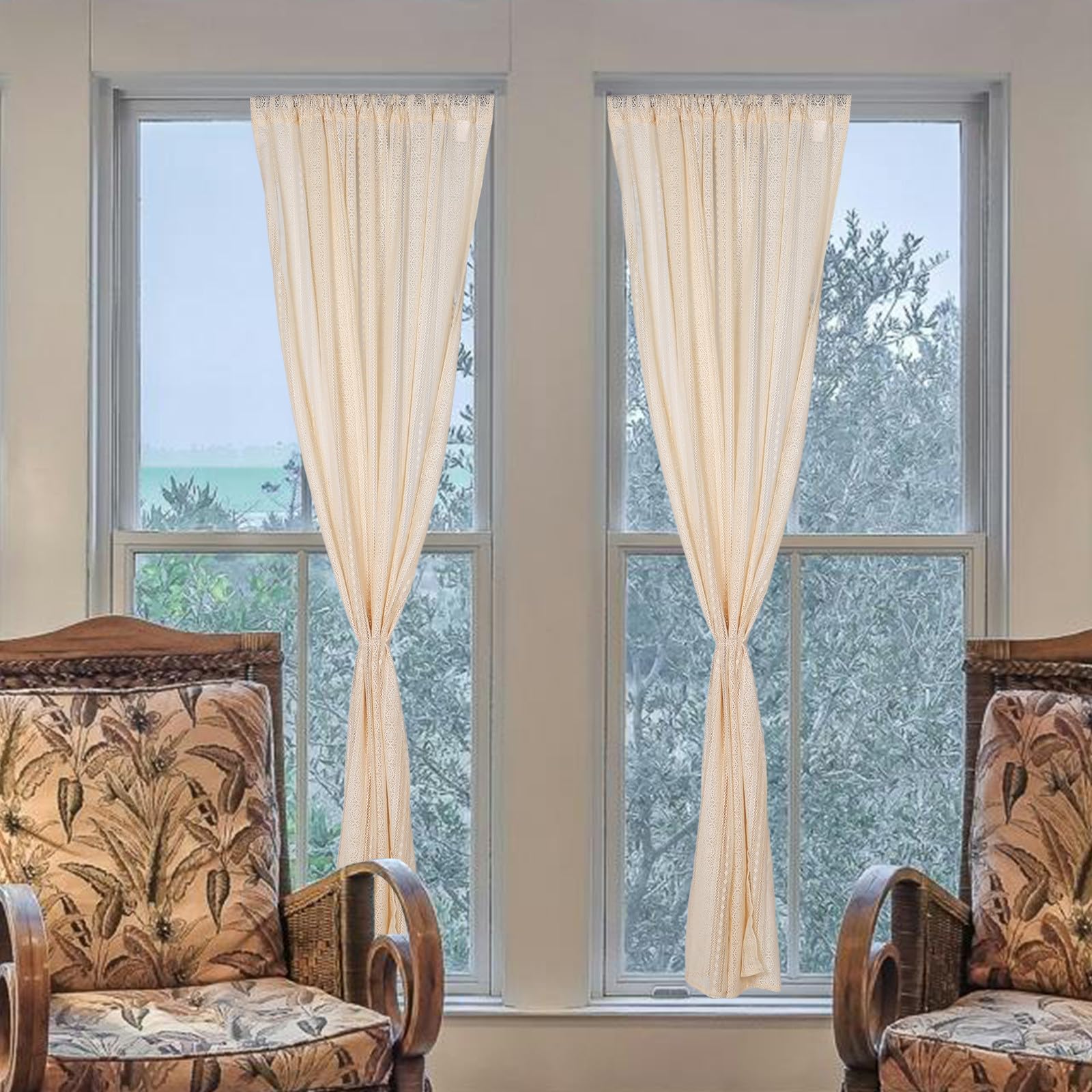 2 Stück Boho Landhausgardinen aus Polyester Lichtdurchlässige Bestickte Vorhänge für Küchenfenster und Badezimmer Dekorative Transparente Gardinen im Vintage Stil