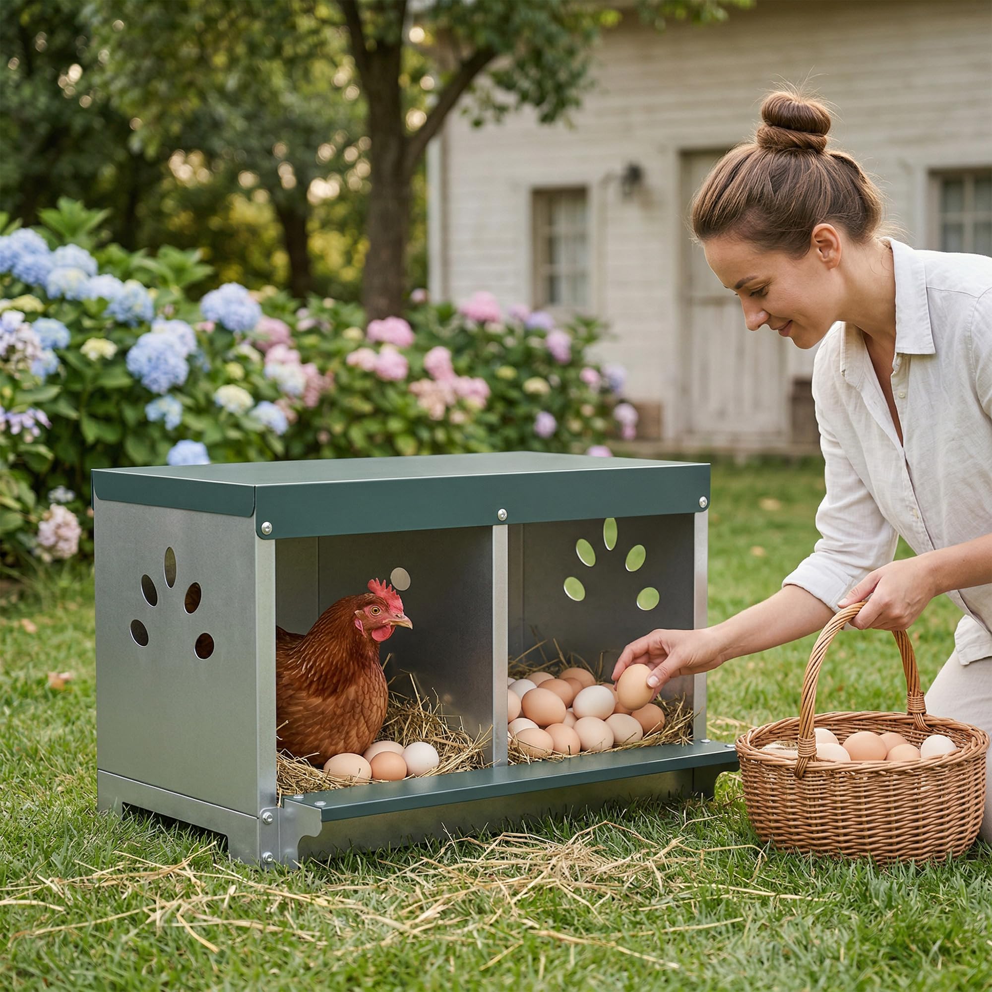 PawHut Nido per Galline Ovaiole in Acciaio a 2 Aree con Base Rialzata e Tetto, Nido Galline con Fori di Ventilazione, Facile da Pulire, 54.5x42.5x35.5 cm, Argento