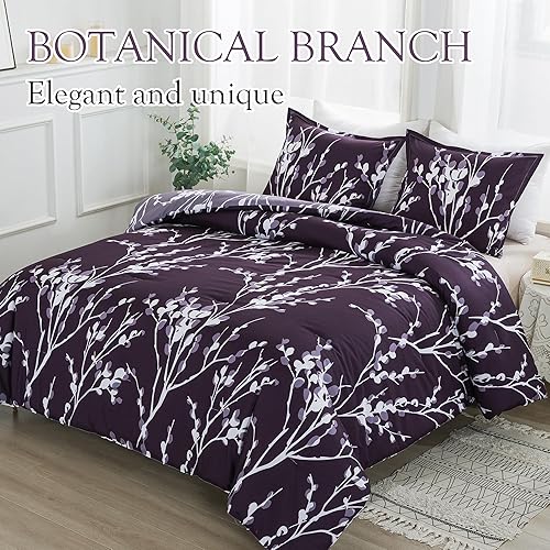Miniatura 4 de Andency Juego de edredón morado tamaño matrimonial (79 x 90 pulgadas)  Juego de cama reversible de 3 piezas de microfibra suave y ligera con ramas