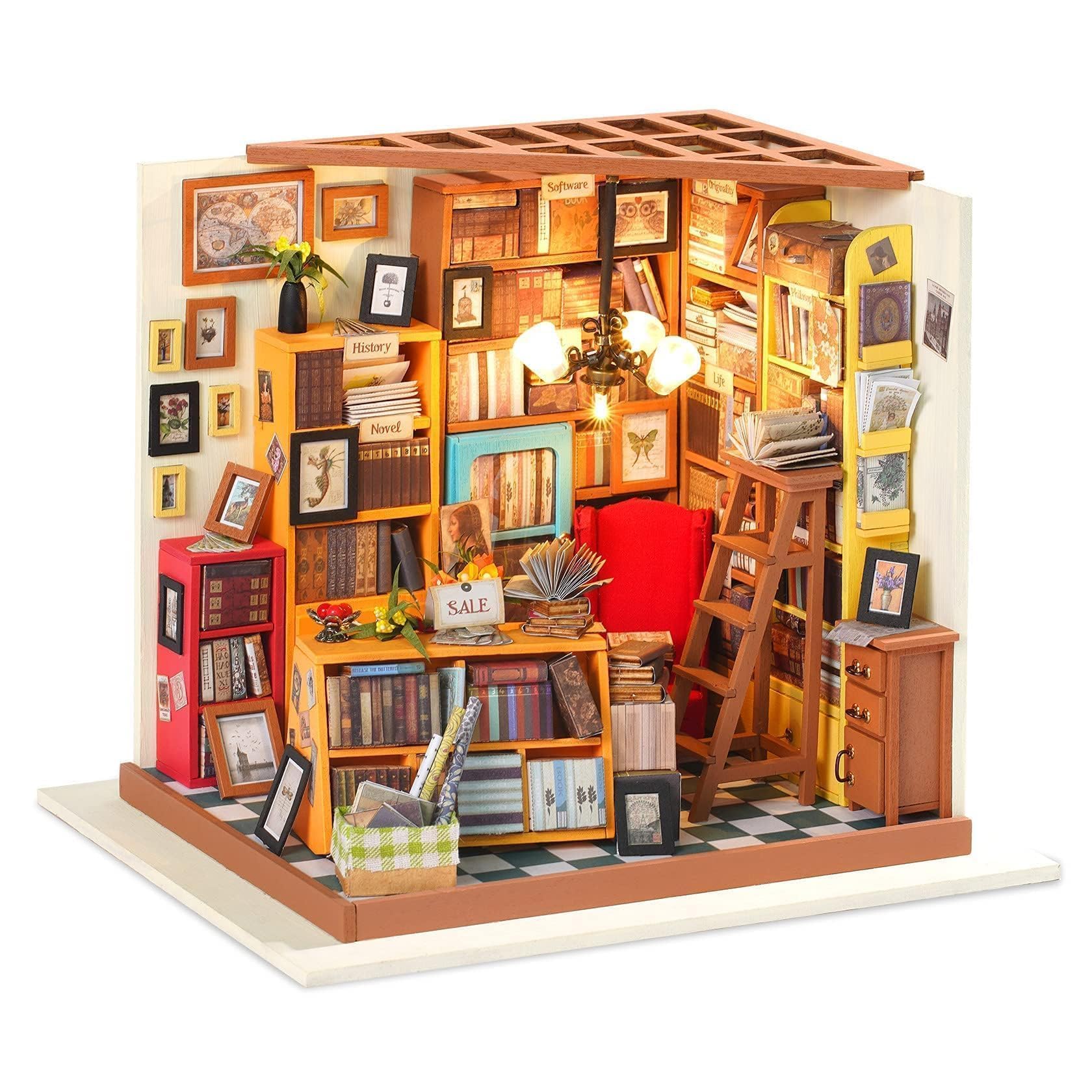 ROWOOD Miniatura Casa delle Bambole Libreria | Mini casa in legno fai da te Set per adulti donna ragazza | Regali per festa della mamma e compleanno