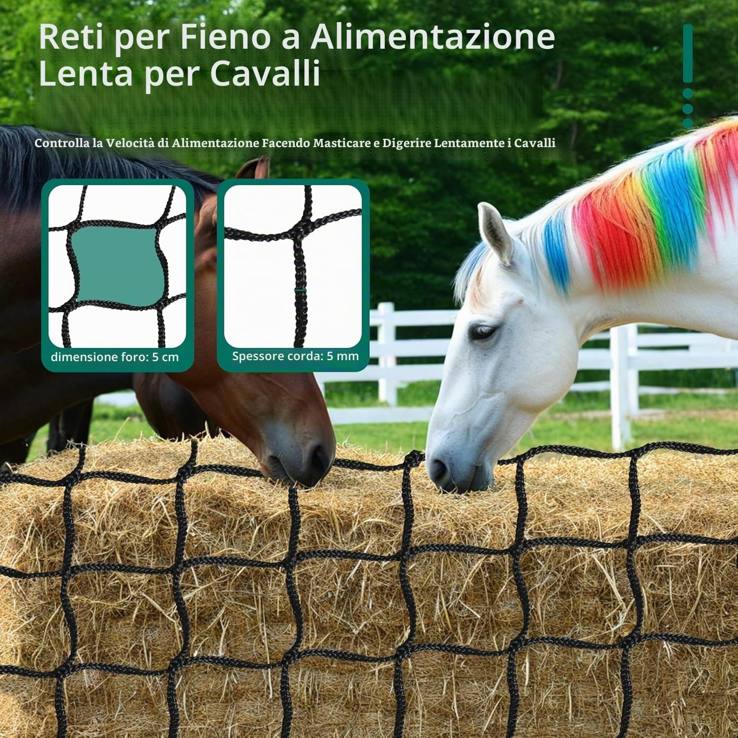 Rete per Fieno 150x150cm in PE - Sacco Alimentazione Lenta per Cavalli, Pecore, Camelidi, Adatto Ballerine Rotonde/Carrate, Resistente UV e Antigelo