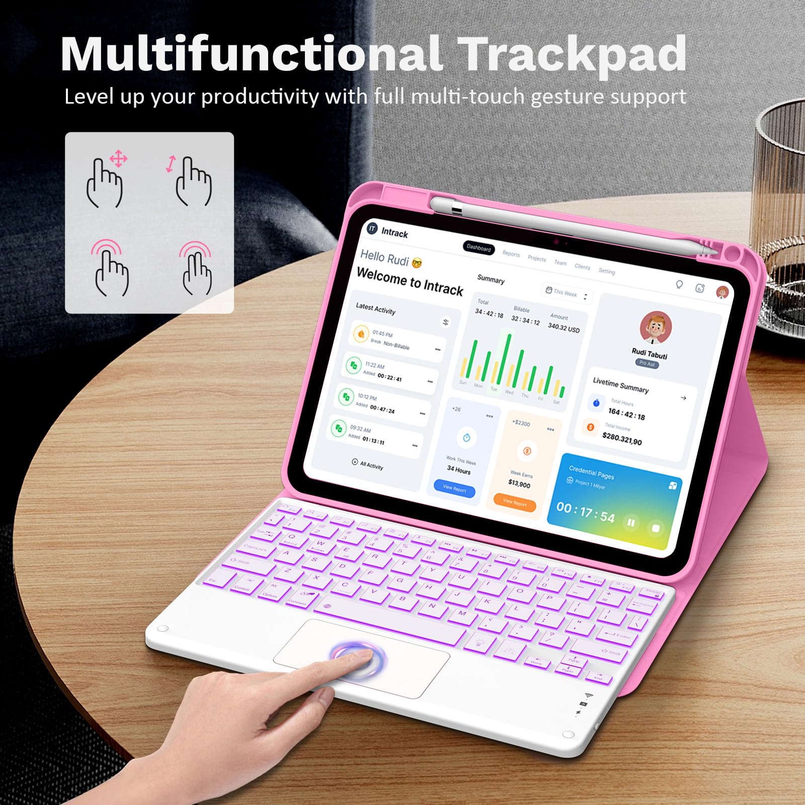 MoKo Custodia con Tastiera Multi-touch per iPad (A16) 11a Gen 11 Pollici 2025, Custodia per iPad 10a Gen 10,9 Pollici con Portapenne, Tastiera Bluetooth Staccabile Retroilluminata a 7 Colori, Peonía
