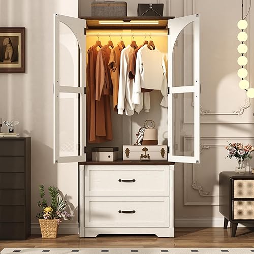 Tall Farmhouse 2 Doors Armoire Wardrobe Closet with LED ,72" Freestanding Arched Wardrobe Closet Cabinet for Bedroom w Glass Doors/Drawers,Wooden Clothing Storage Cabinet,Closets for Bedroom(White)