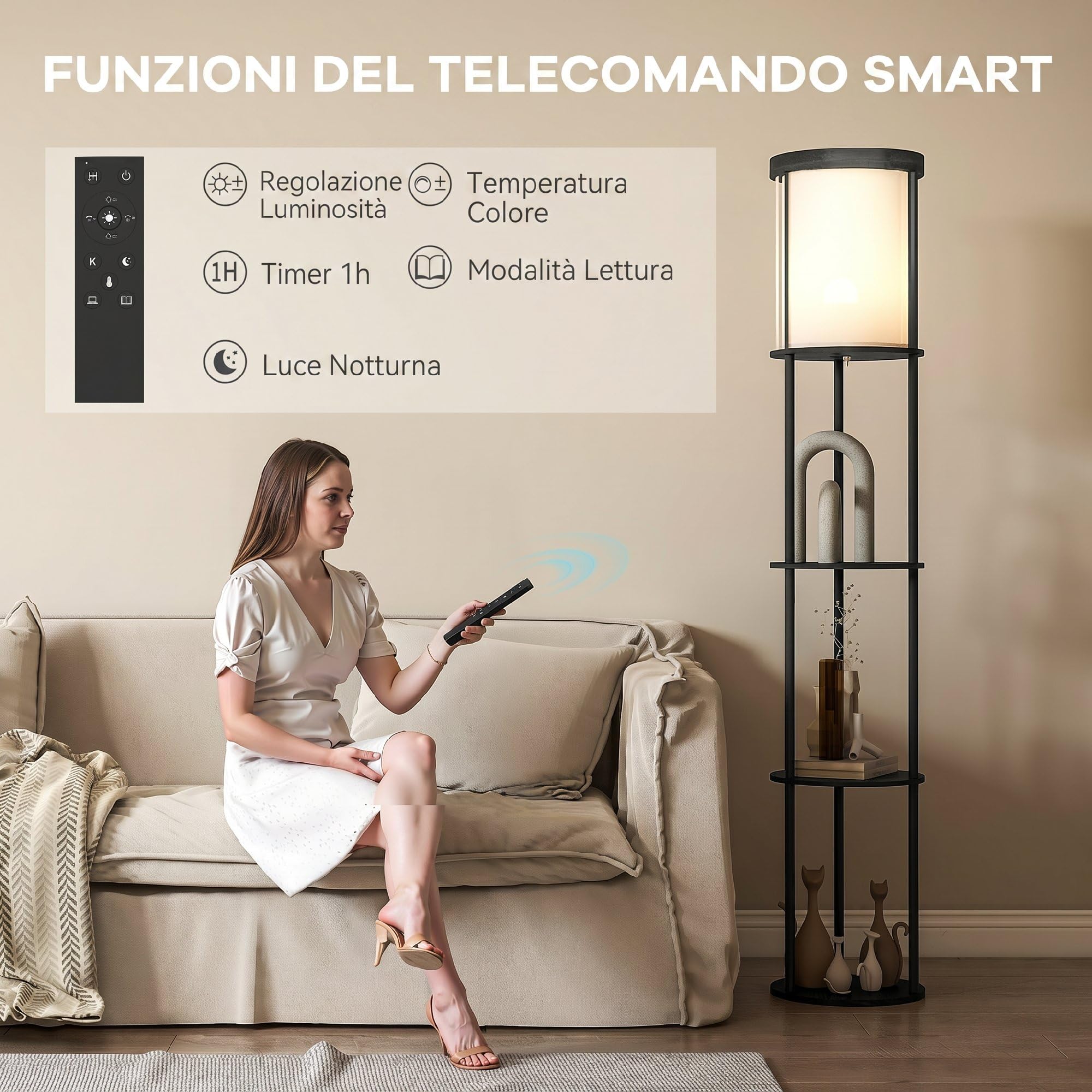 HOMCOM Lampada da Terra LED con Ripiani Rotondi, Piantana Moderna Nero | Paralume in Tessuto, Interruttore a Pedale e Telecomando, per Soggiorno e Camera da Letto