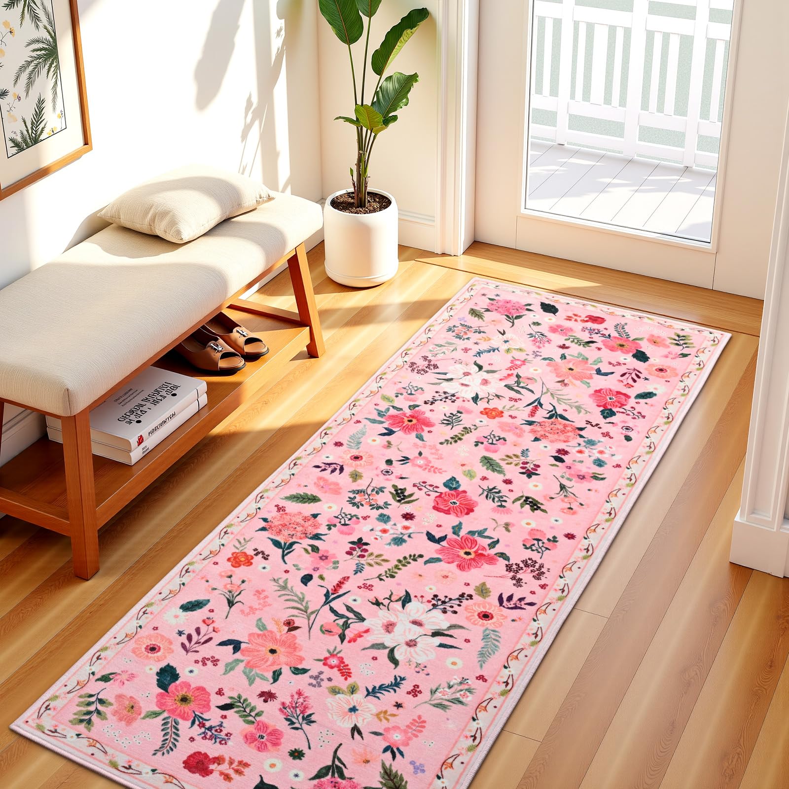 Terrug Floral Entryway Runner Rug 2x6, Washable Pink Boho Rug for Hallways Non-Slip, Soft Stain Resistant Vintage Carpet Runner Rugs for Kitchen