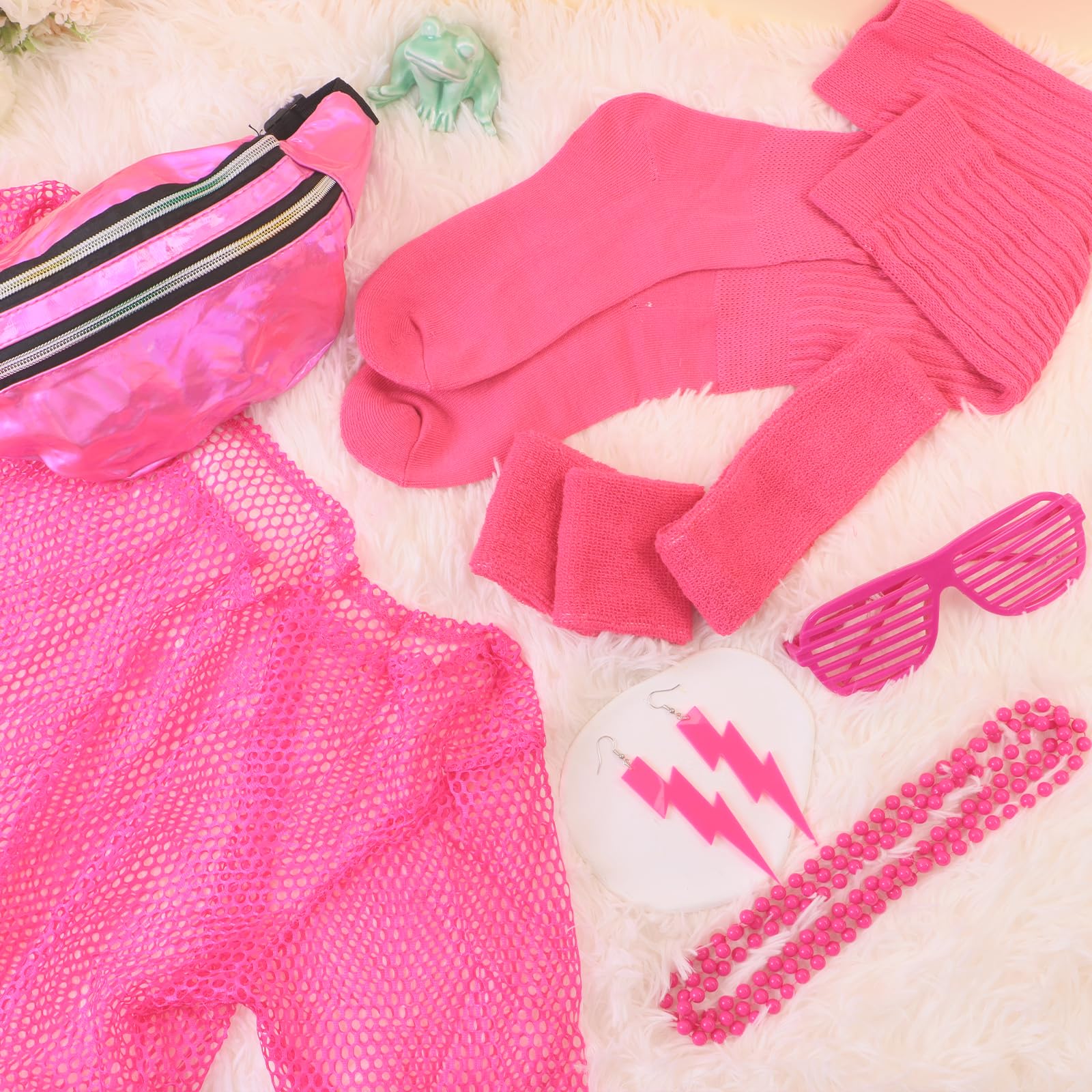 80er Jahre Accessoires Damen 90er Set, mit Oberteil, Gürteltasche, Socken, Haarband, Halskette, Ohrringe, Brille, 80er 90er Jahre Accessoires Outfit Damen 80s für Karneval Neon Party