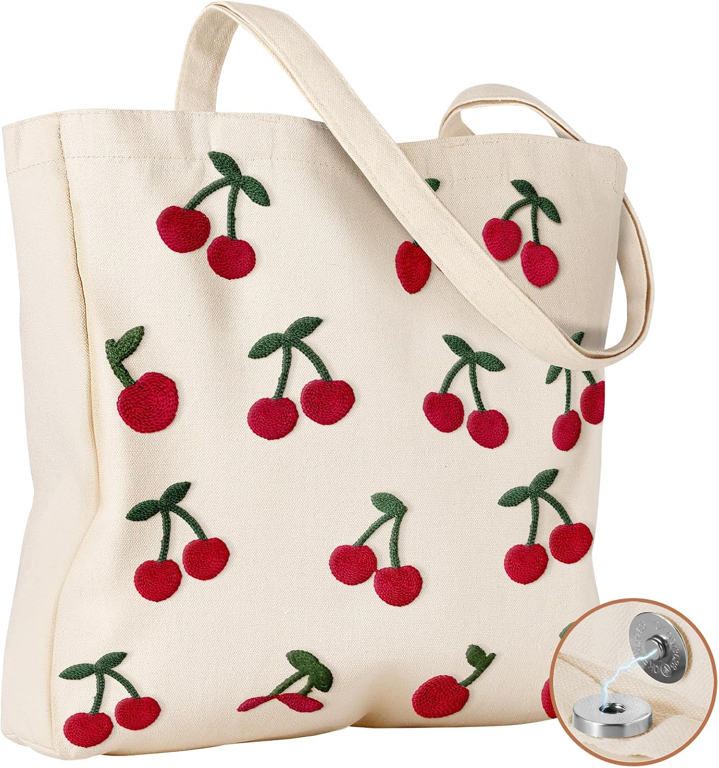 Miss Adola Embroidery Canvas Tote Bag for Women - Reusable Tote with Buckle Aesthetic Cute Shoulder Bag for Shopping, Grocery