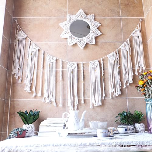 Miniatura 4 de TENEWEE Guirnalda de macramé para colgar en la pared, tapiz grande tejido bohemio para decoración de dormitorio, sala de estar, 71 pulgadas de largo