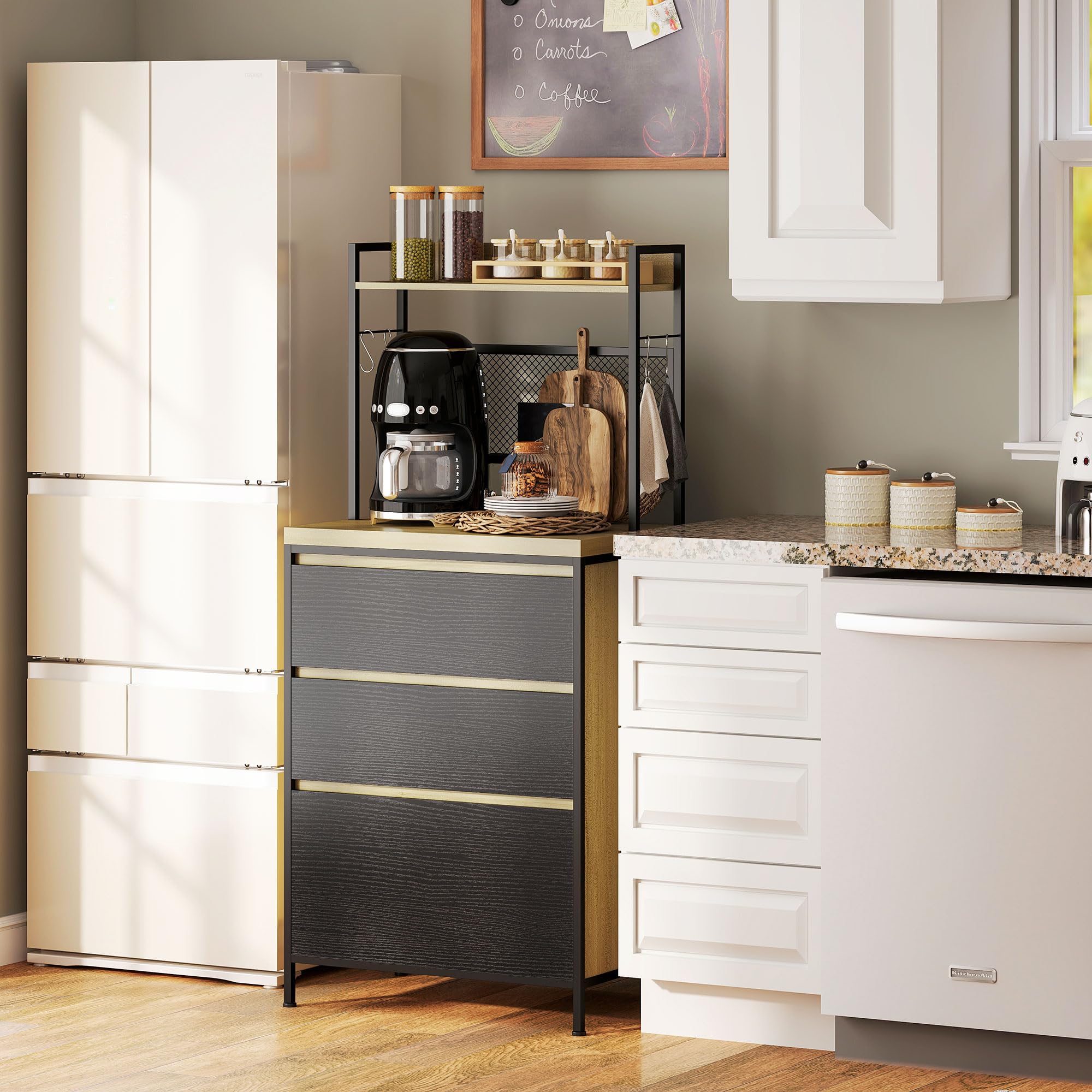 HOMCOM Armoire de Cuisine Buffet Industriel 60x40x132cm Bois Naturel | Meuble de Rangement, 3 Tiroirs, Plan de Travail, Étagère, 4 Crochets, Meuble Micro Onde, Salle à Manger, Salon