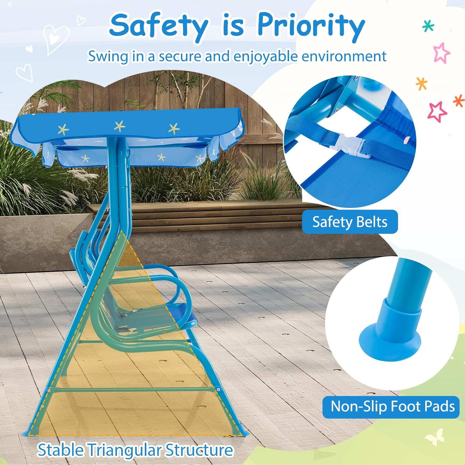 Kids Porch Swing, 2-Seater Outdoor Lounge Chair with Adjustable Canopy & Safety Belts, Metal Stand Hanging Swing Bench, Patio Swing for Backyard, Patio, Lawn, Garden (Blue Dinosaur)