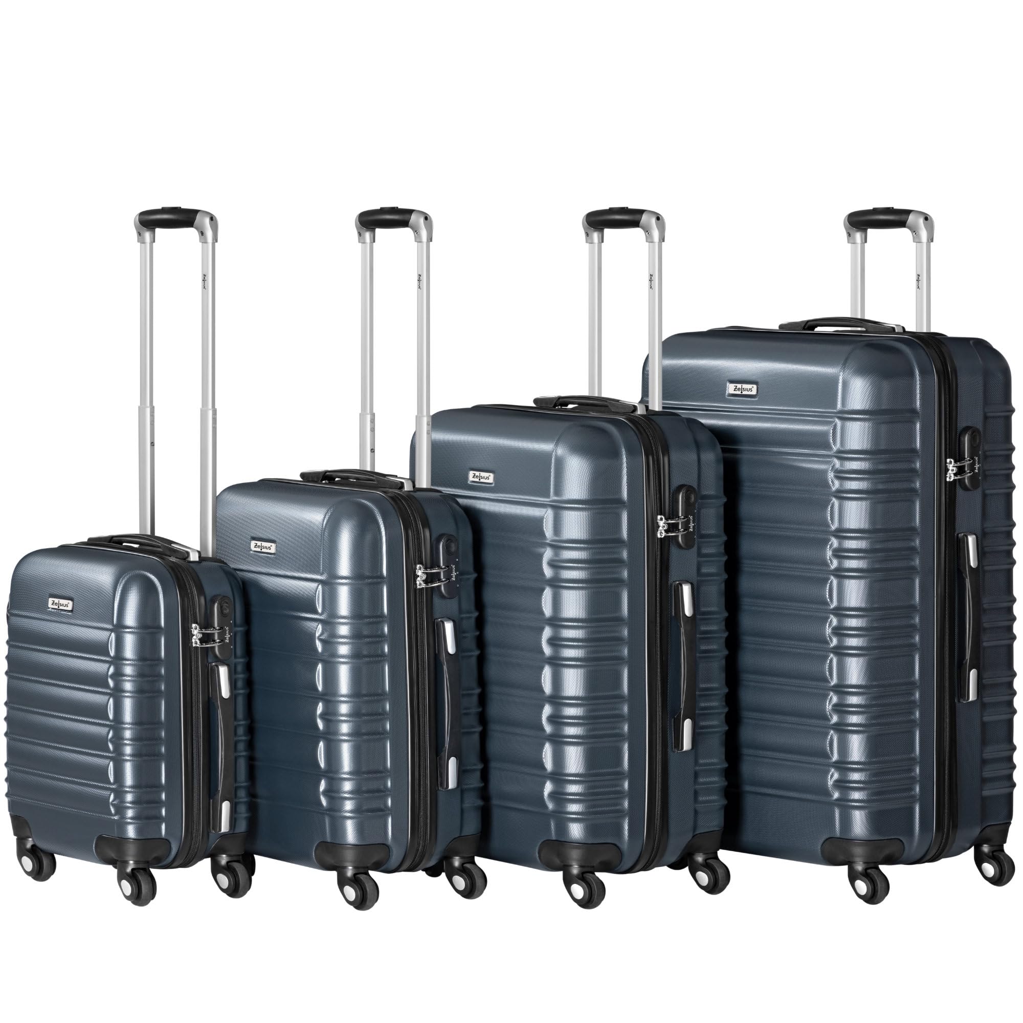 Zelsius Set di valigie 4 pezzi, antracite | Valigia rigida in ABS con chiusura a combinazione, 4 ruote e divisorio interno | Valigia a mano, set di valigie rigide 4 pezzi, trolley, valigia grande