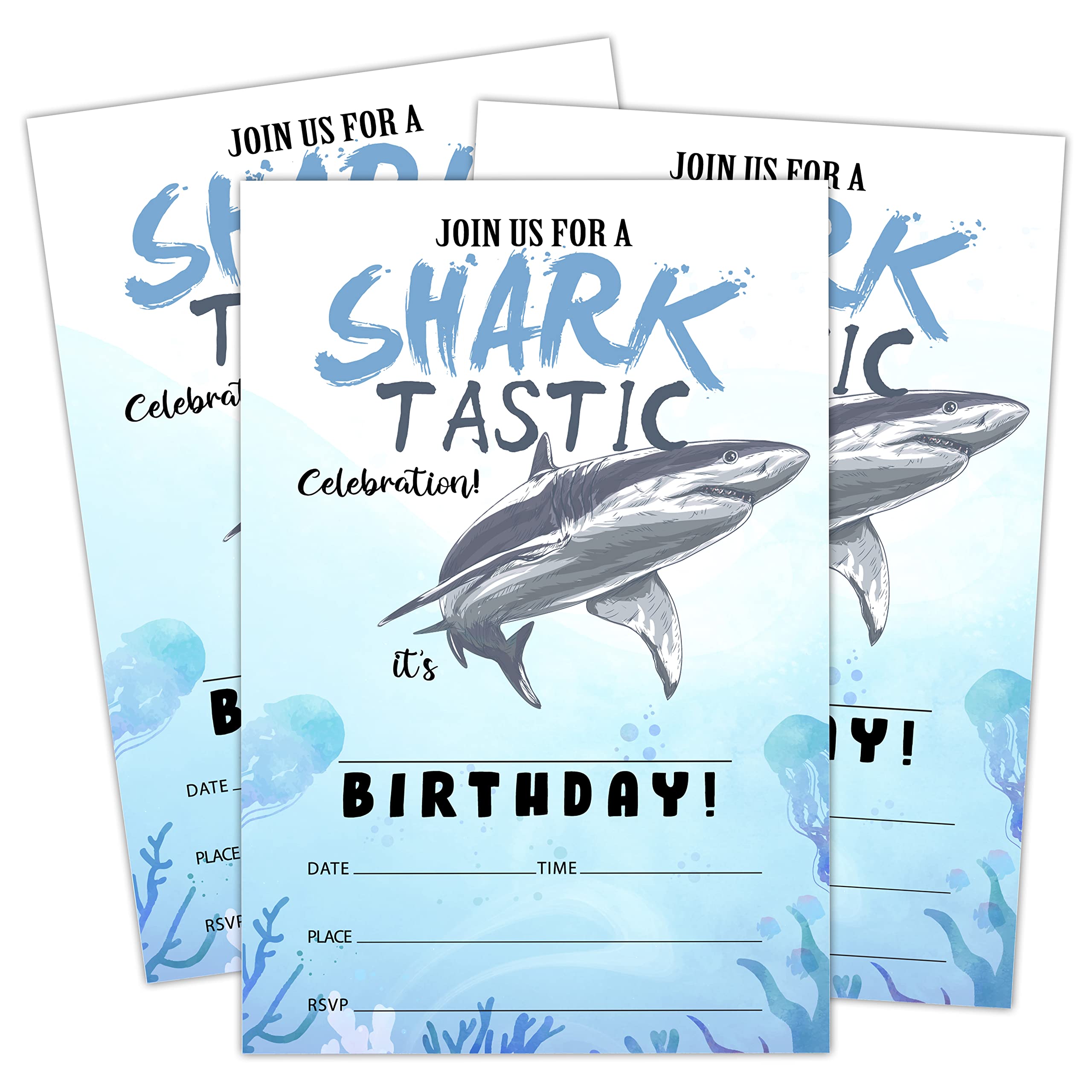 Birthday Invitations, Blue Ocean Shark Party Decorations, Supplies, Shark Kids Teen Birthday Party Celebration Favors for Boys or Girls - Pack of 20 Cards with Envelopes (020)