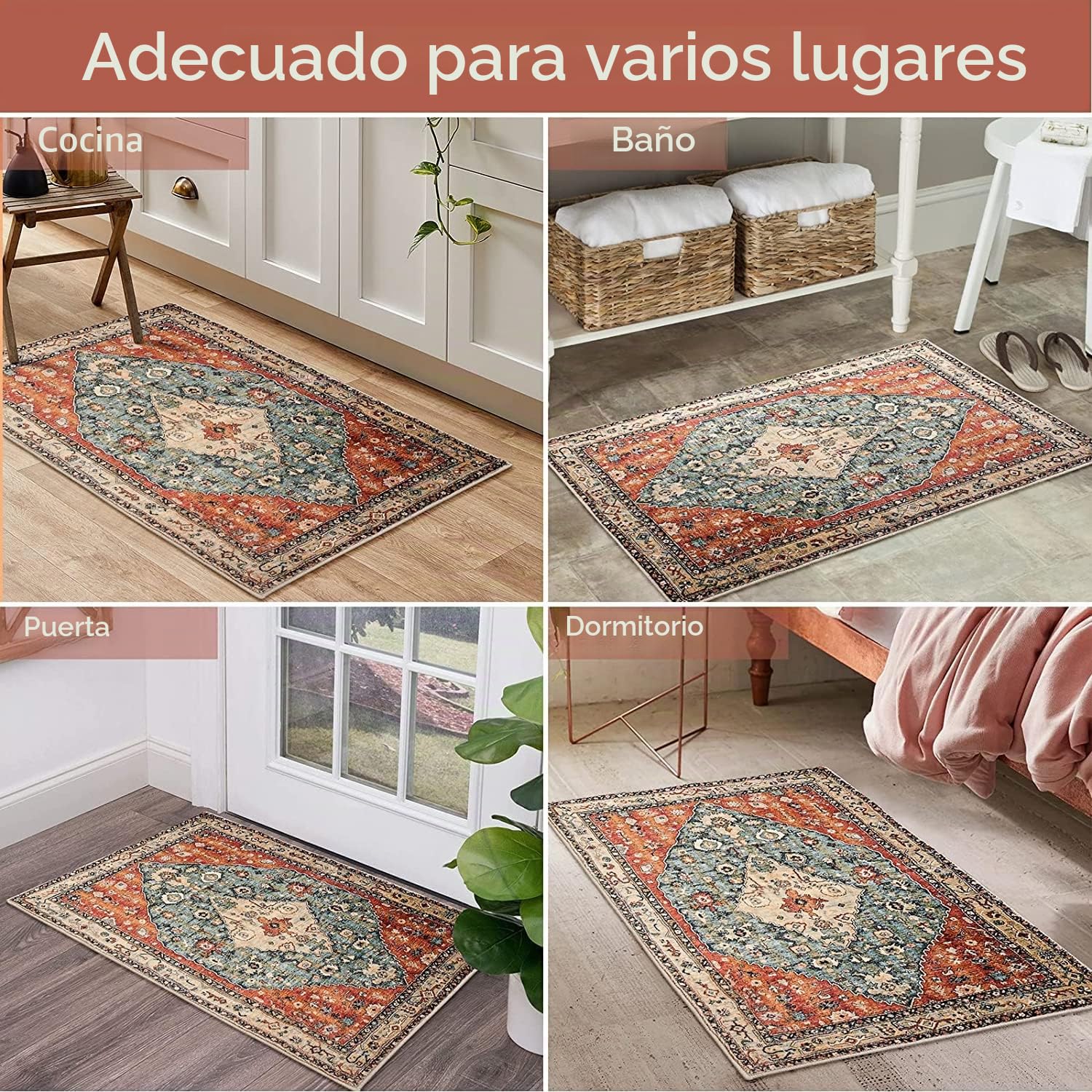 KIMODE Alfombra bohemia tribal de 60x90 cm, alfombra de entrada pequeña envejecida, alfombra bohemia de lana sintética, antideslizante, lavable, cocina, baño