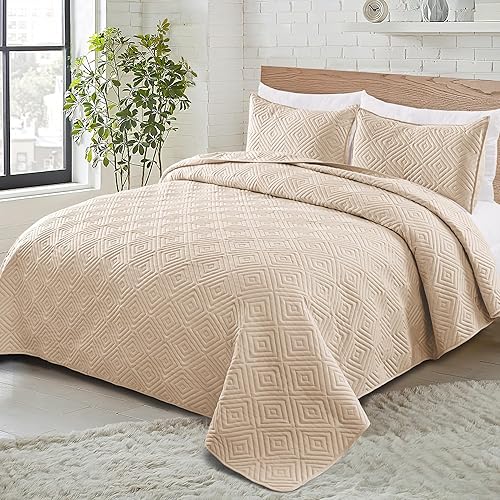 Miniatura 2 de Exclusivo Mezcla Juego de edredón tamaño King, colcha de hueso beige suave para todas las estaciones, juego de ropa de cama ligero y moderno con