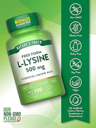 Miniatura 3 de Nature's Truth L-Lisina 500mg | 130 cápsulas recubiertas | Forma libre | Aminoácido esencial | Suplemento vegano, sin OMG y sin gluten