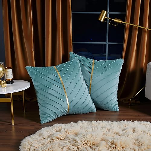 Miniatura 7 de Tosleo Juego de 2 fundas de almohada de terciopelo verde aguamarina de 26 x 26 pulgadas con cuero dorado, fundas de almohada decorativas modernas de