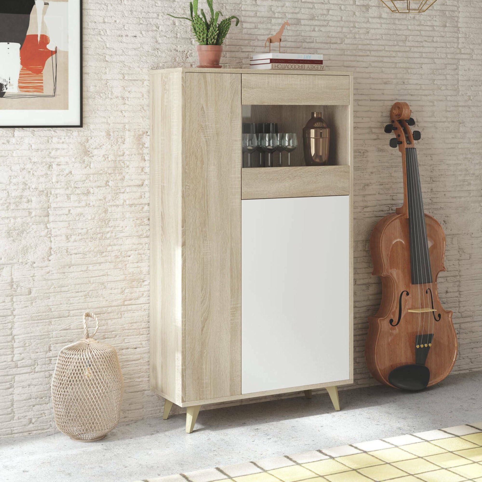 Dmora - Vetrina Atlanta, Vetrinetta moderna a 3 ante, Credenza da soggiorno o salotto, Madia alta con ripiani, 77x33h142 cm, Rovere e Bianco