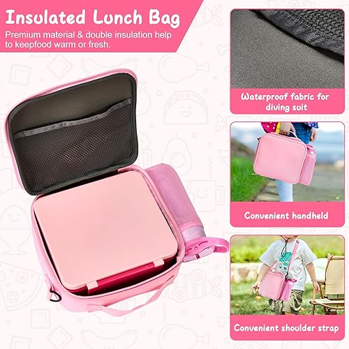 Miniatura 5 de Lonchera Bento para niños con 4 compartimentos, bolsa de almuerzo aislada, botella de agua, tarro de comida de acero inoxidable, regalos de