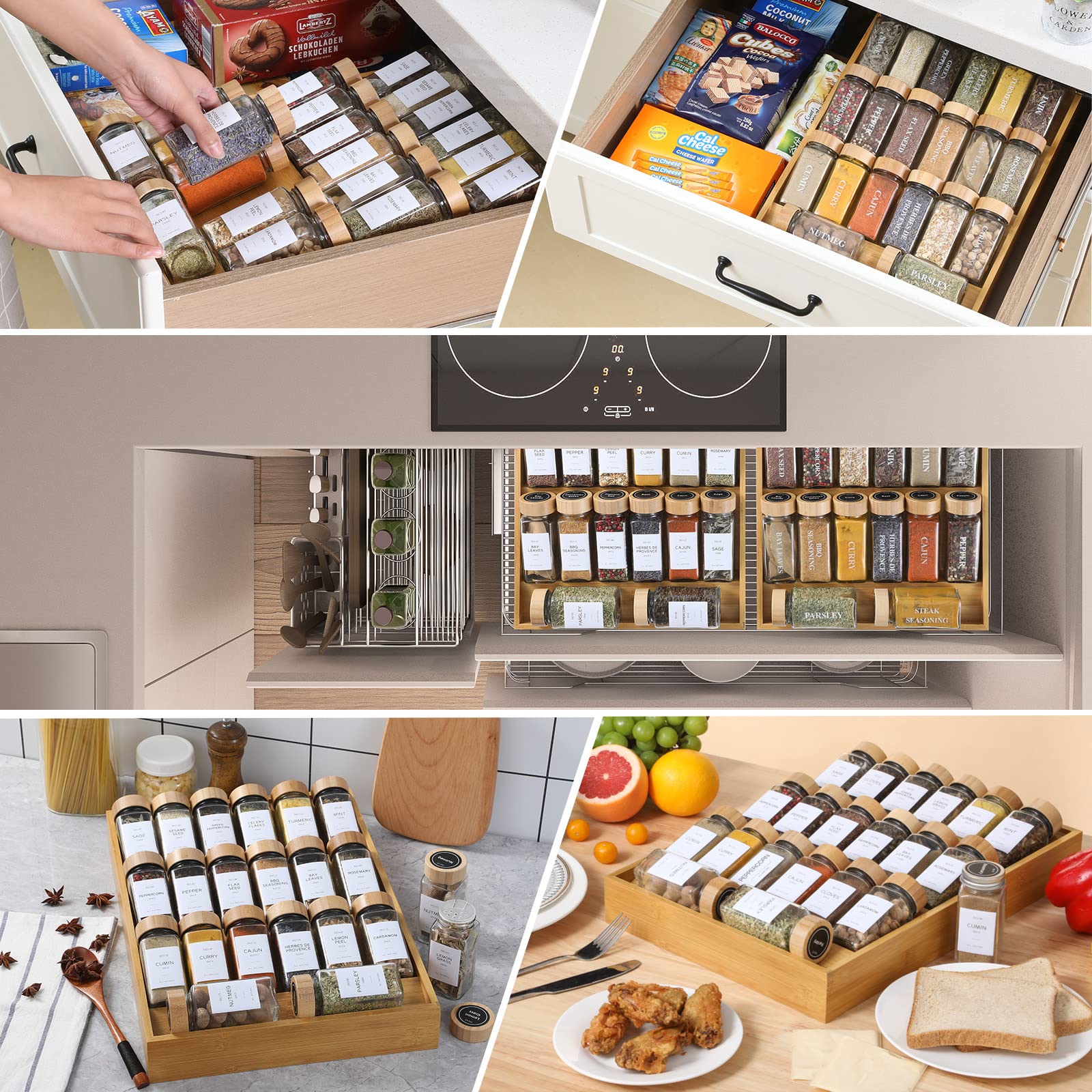 Bamboo Spice Drawer Organizer with Jars and Labels, Spice Rack with Jars and Bamboo Lids for Countertop, Space Saving Seasoning Organization Storage Tray for Deep Drawers, Marker & Funnel Included