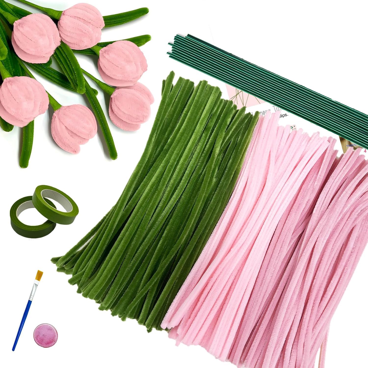 8mm DIY Pipe Cleaners, 300 Pieces in 3 Colors, Pipe Cleaners for Crafts, Pink Tulip Bouquet Pipe Cleaners Set, Pipe Cleaners
