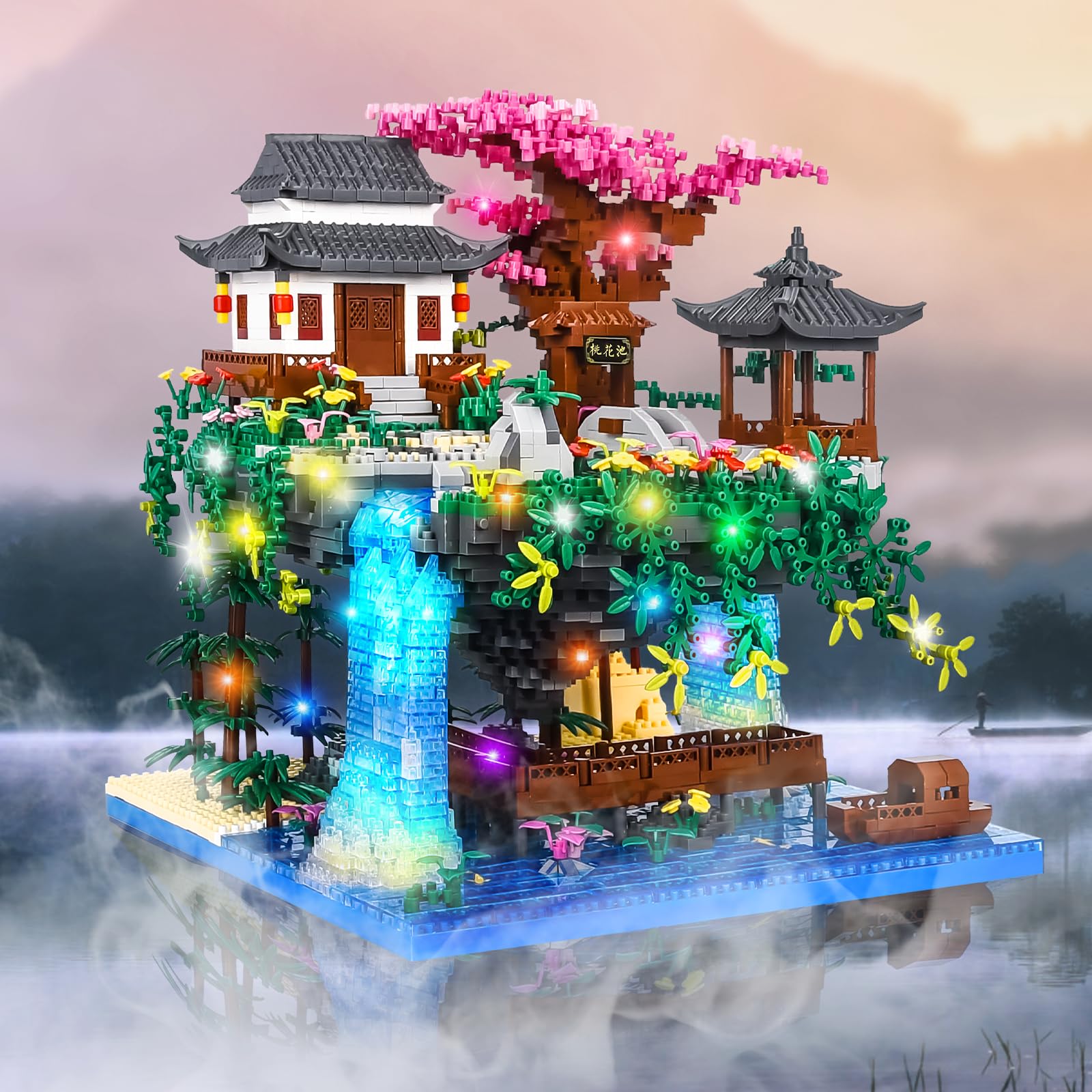Charmofun 3320PCS Micro Mini Bloques, Peach Blossom Pool Bloques de Construcción de Casas, Arquitectura China de Garden Creative Stem Juegos Regalo Creativos para Adulto Niño