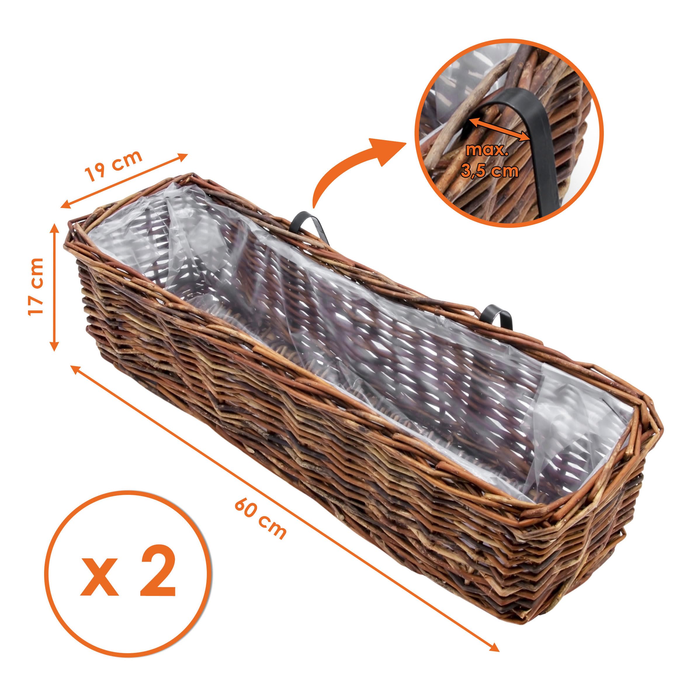 Spetebo Rattan skrzynka balkonowa, zestaw 2 szt., prostokątne, z folią, kolor naturalny, ciemne – 60 x 19 cm – rattanowa skrzynka na kwiaty z zawieszeniem na balustrady do 3,5 cm – skrzynka na rośliny