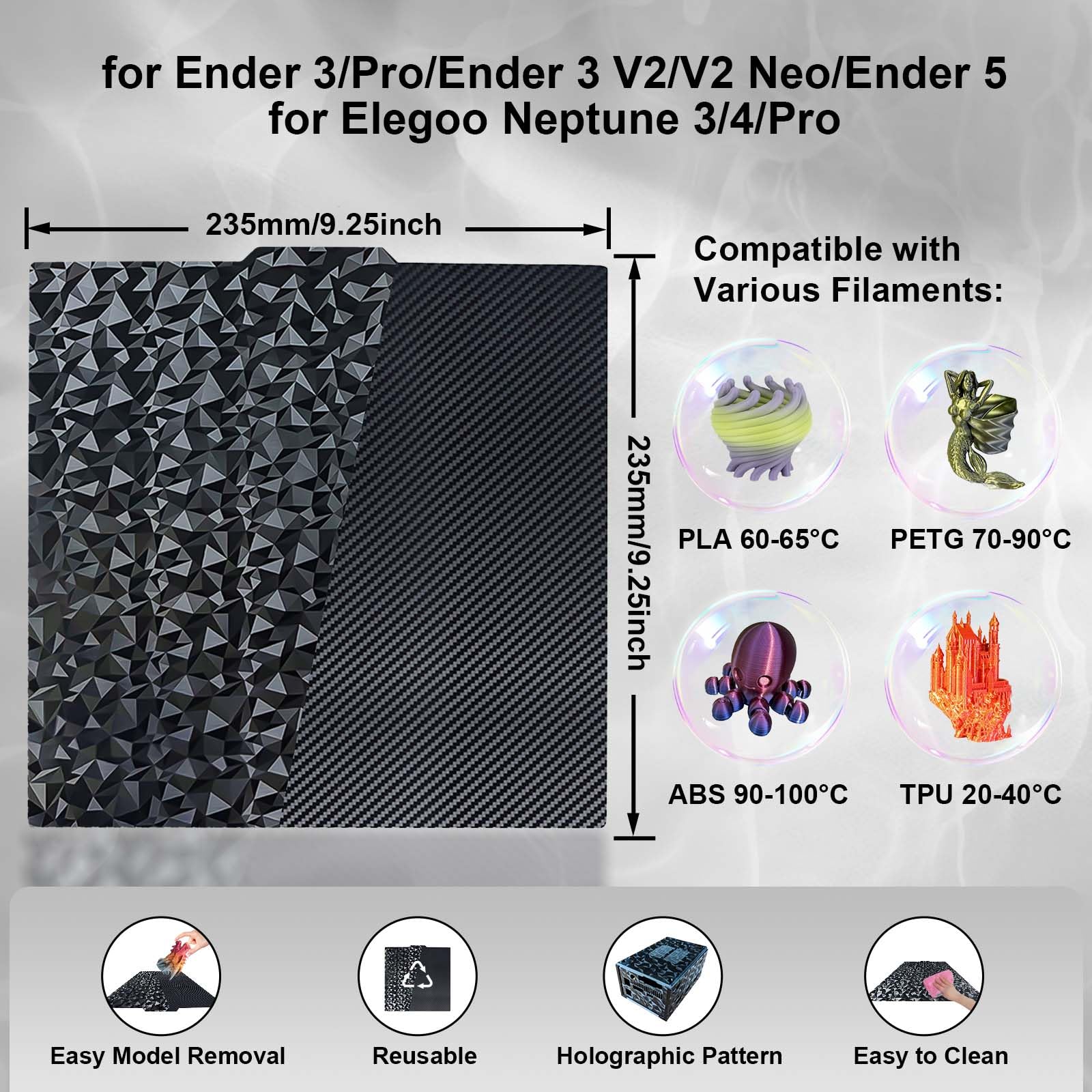 IdeaFormer Smooth PEO PET płyta dociskowa 235 x 235 mm, elastyczna platforma PEO PET Spring Steel do Ender 3/Ender 3 Pro/Ender 3 Neo/Ender 3 V2/Ender 5/do Elegoo Neptune 2/3/4/Pro