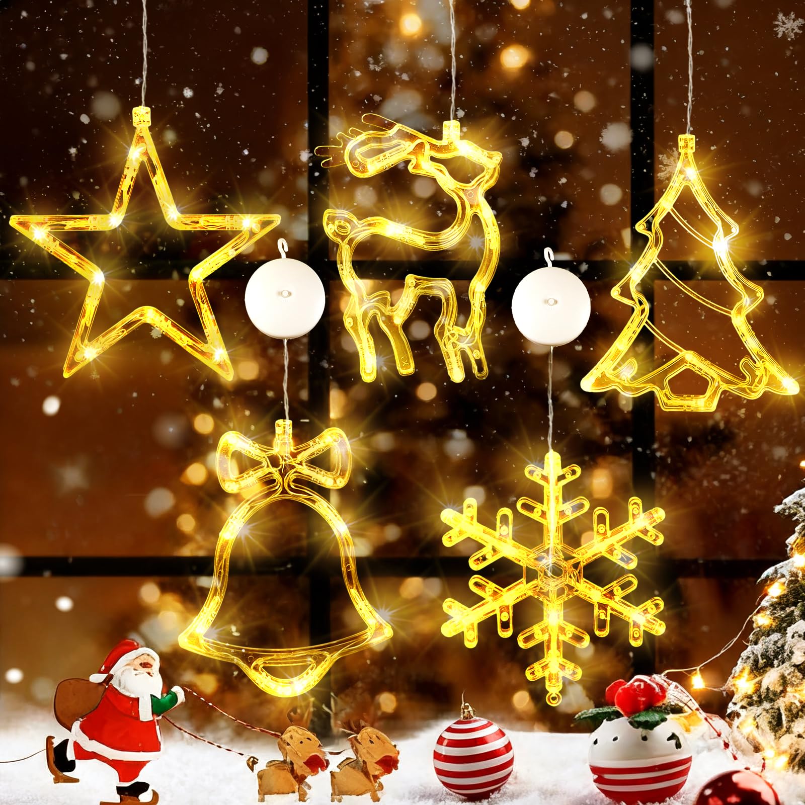 Weihnachts-Fensterlichter, Dekoration, beleuchtete Glocke, Baum, Rentier, Schneeflocke, Stern, batteriebetrieben mit Saugnapf, für Weihnachten, Fenster, Glas, Wand, Innendekoration, mehrfarbig
