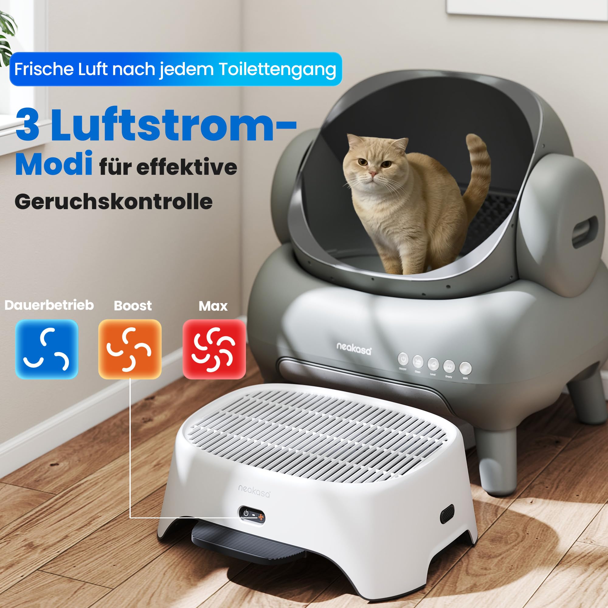Neakasa Airstep 3-in-1 Katzenklo Rampe mit Luftreiniger & Filterfunktion, gegen Geruch, Staub & Katzenhaare, kompatibel mit M1 Plus, M1 Lite & vielen Katzentoiletten, Katzentreppe für ältere Katzen