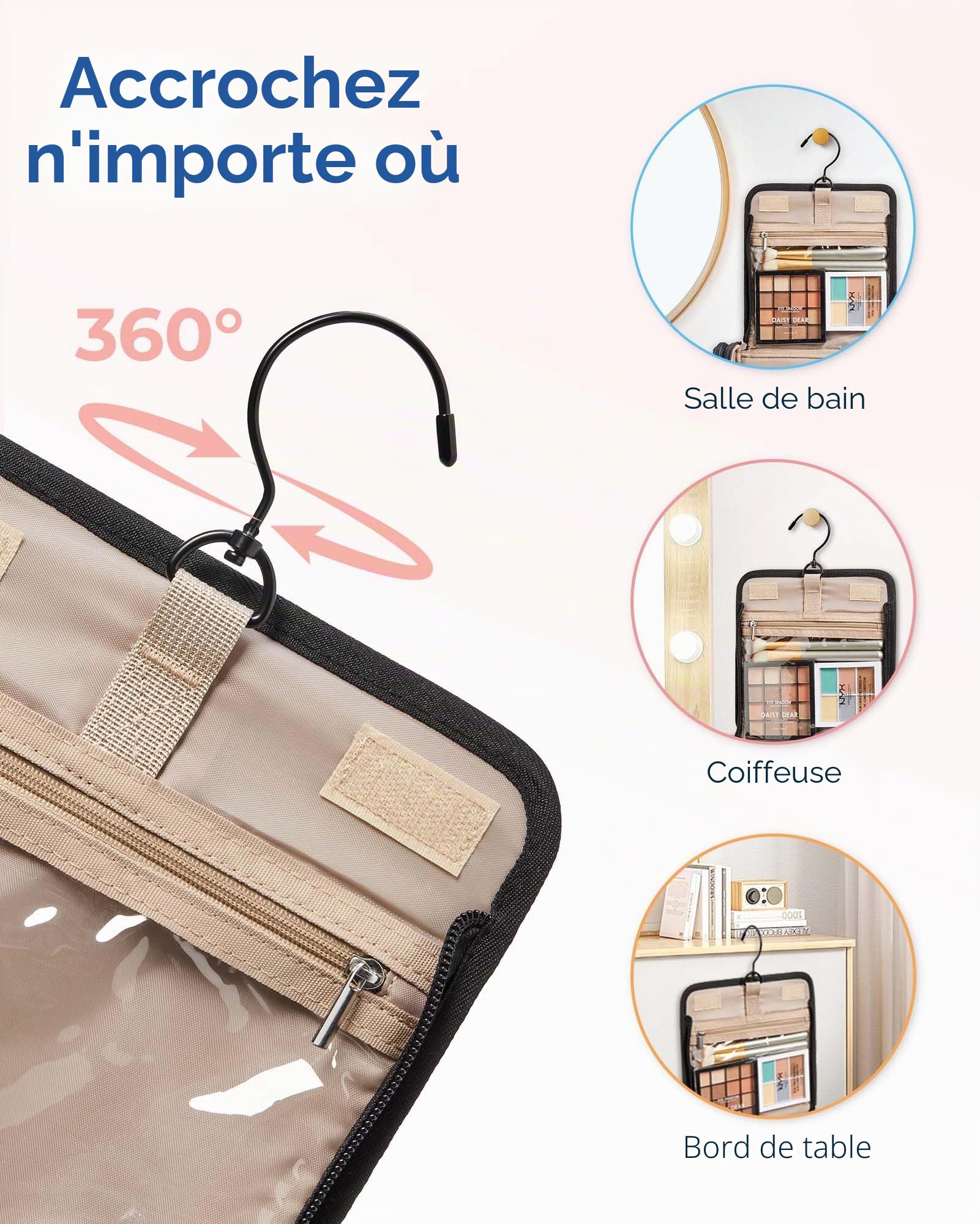 BAGSMART Trousse de Toilette Femme Voyage,Grande Capacité Trousse de Maquillage avec Crochets à Suspendre,Imperméable pour Articles de Toilette,Accessoires de Voyage, Noir