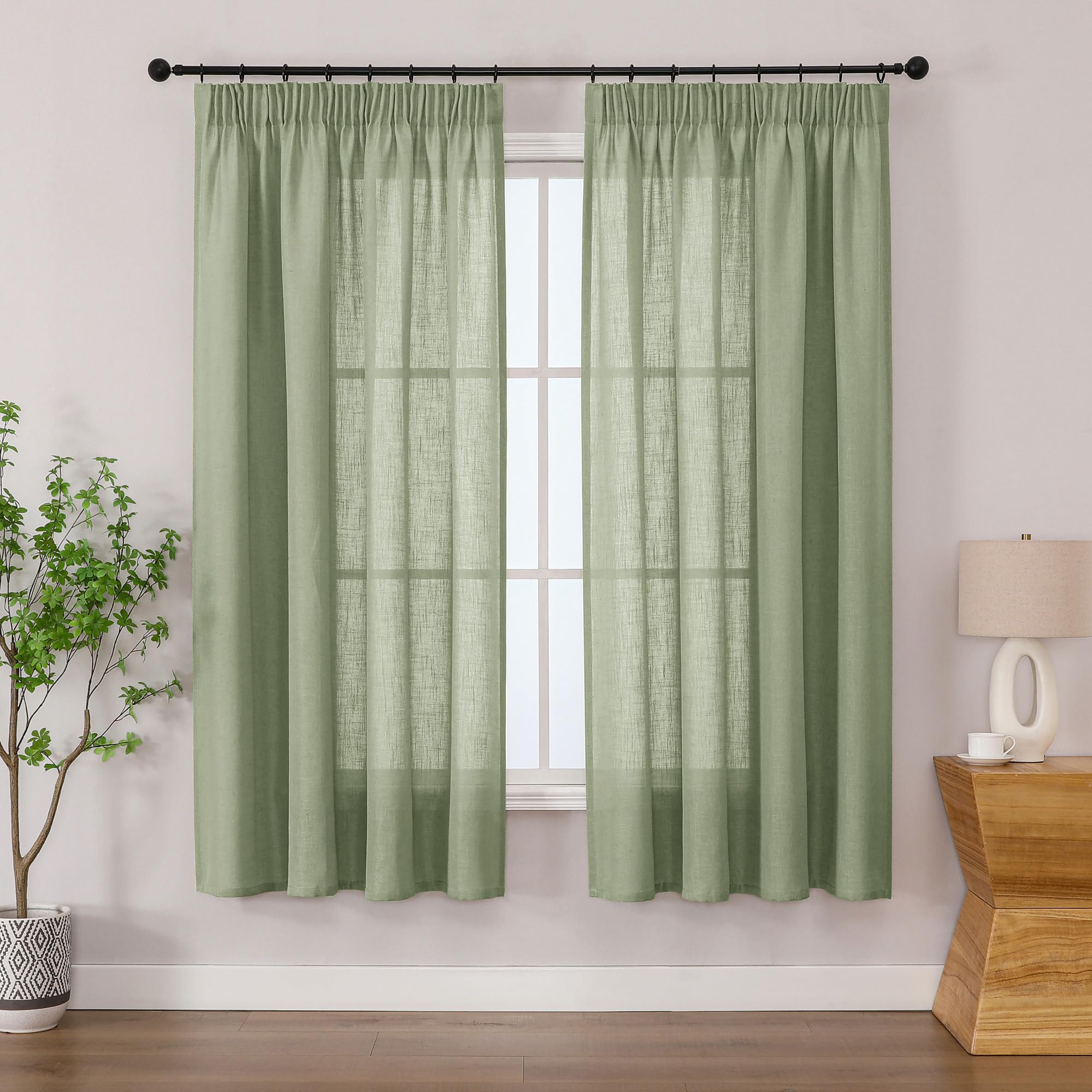 Simplebrand Sage Green Linen Blend Pencil Pleat Curtains, Light Filtering Semi-Sheer Textured Window Drapes for Privacy, 2 Panels for Kitchen, Bedroom & Home Office, W140 x L163 cm