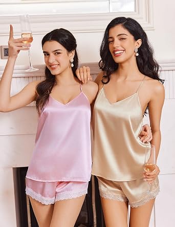 Ekouaer Lingerie for Women Sexy Satin Silk Pajama Sets Lace Cami Short Pj