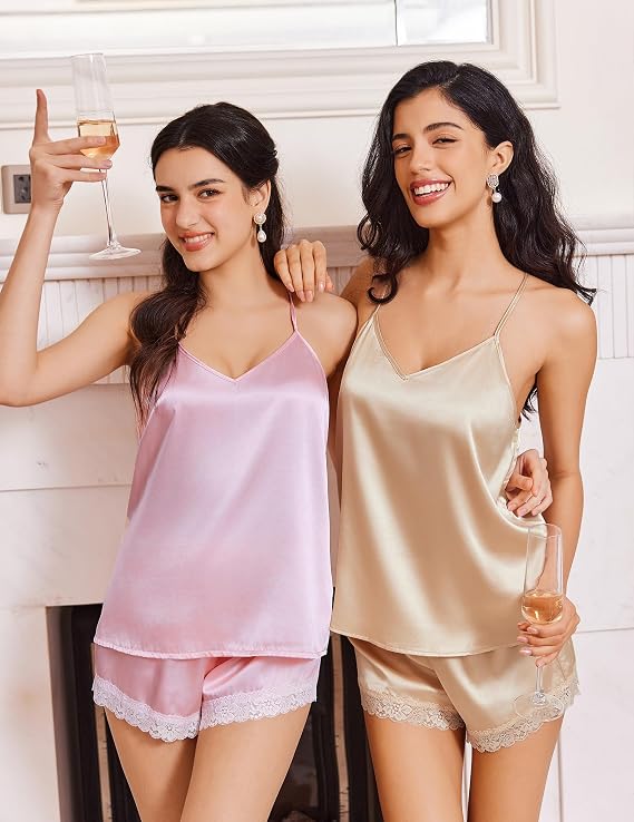 Ekouaer Lingerie for Women Sexy Satin Silk Pajama Sets Lace Cami Short Pj