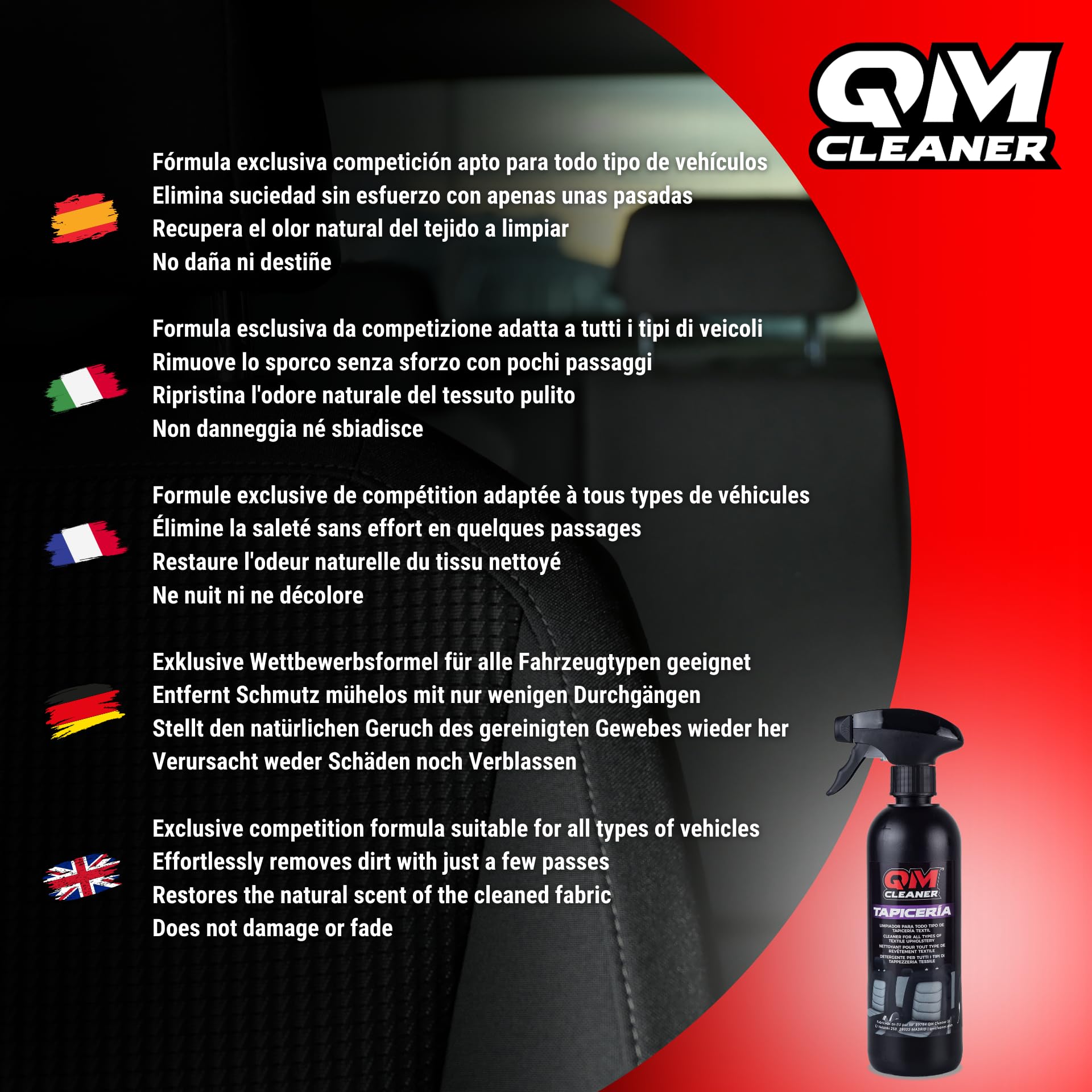 QM Zestaw czyszczący do tapicerki samochodowej, siedzeń, tkanin, Alcantara... - Zawiera 2 tapicerki QM 2 mikrowłókna i 1 dodatkową szczotkę premium