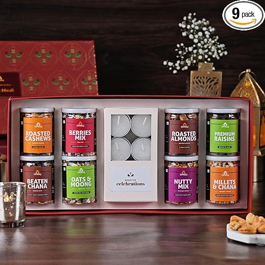 Omay Foods 13 Pcs_Splendid Delights Diwali Gift Box I Diwali Gift Hamper I Diwali Gifts I Premium Dry-fruits I Diwali Candles, Diya I Corporate Diwali Hamper I Diwali Dry Fruit Gift Pack I Premium Diwali Gift Box I Festive Hamper