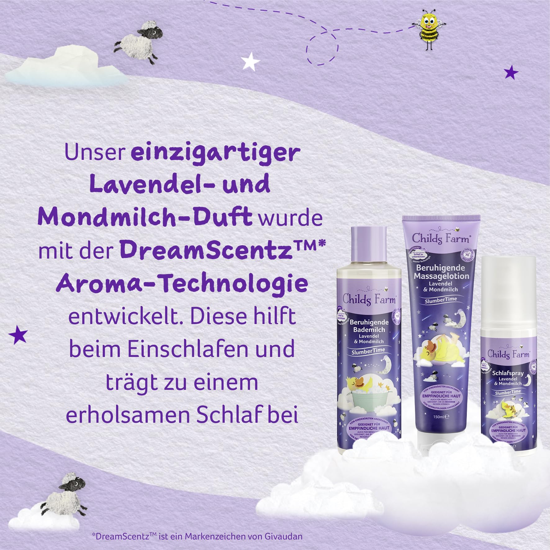 Childs Farm SlumberTime uspokajające mleczko do kąpieli, lawendowe i księżycowe, 250 ml, delikatne kąpiele piankowe przed snem, dla wrażliwych lub skłonnych do egzemy noworodków, skóry niemowląt i