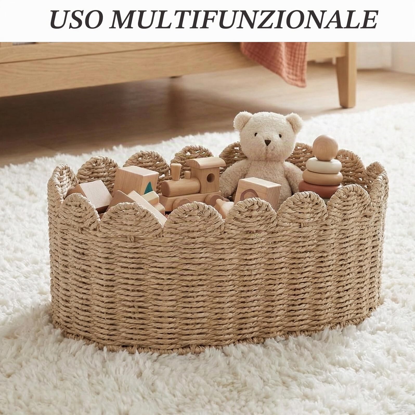 Cestini Intrecciati Set 2 Beige, Corda di Carta, Bordo Smerlato