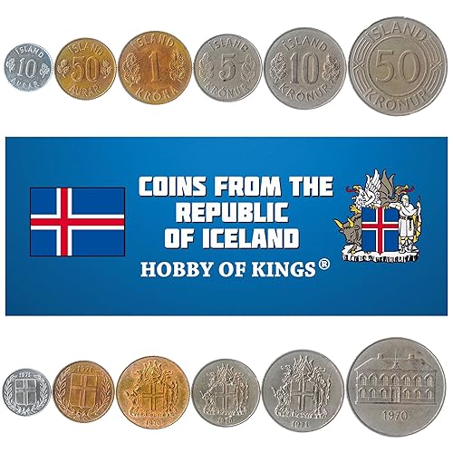 Conjunto de 6 monedas de Islandia 10, 50 AURAR, 1, 5, 10, 50 KRONUR. 1957-1980