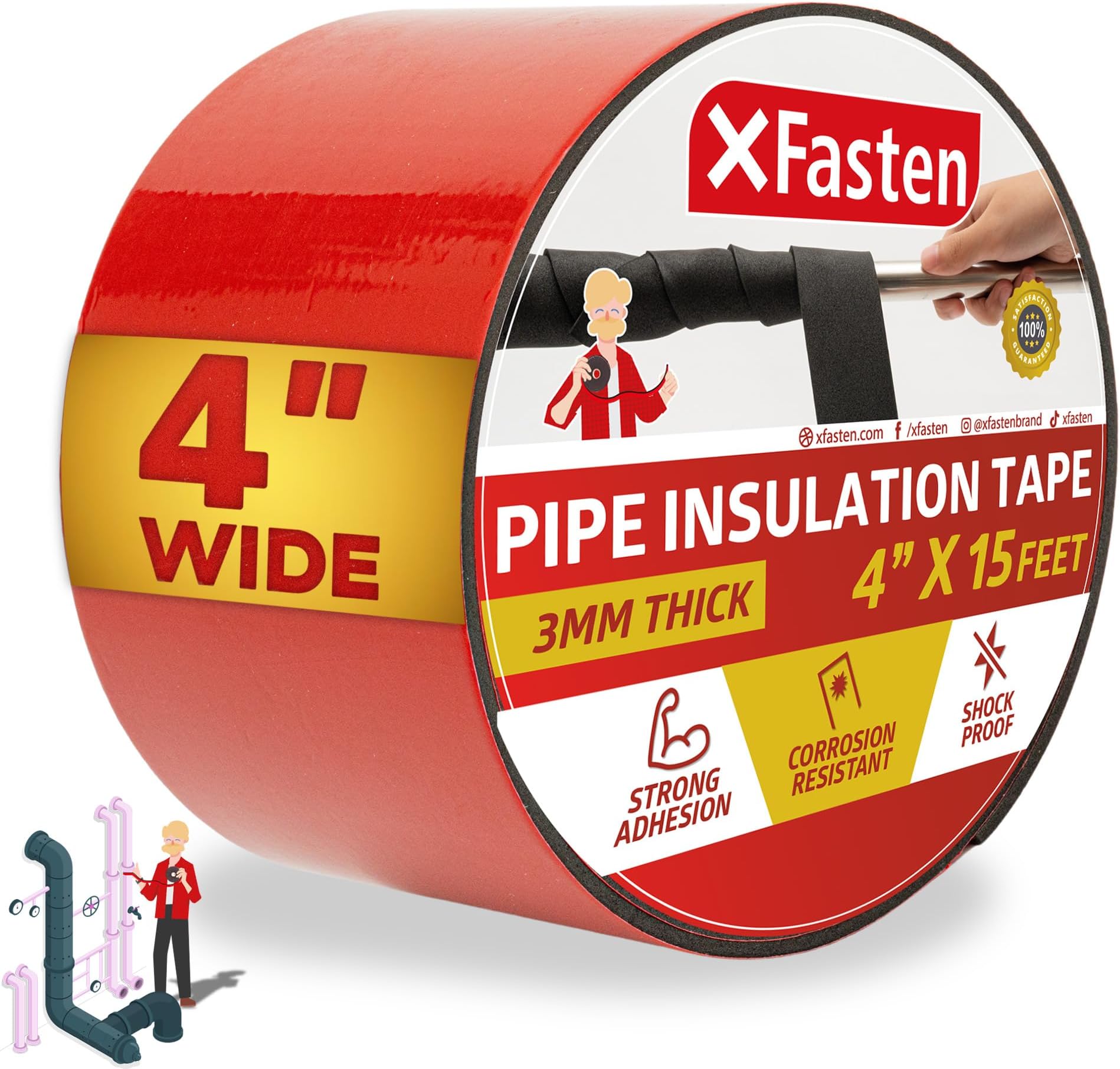 XFasten Foam Pipe Insulation Tape 4 Inch x 15 Feet Heavy-Duty AC Line Insulation Outdoor Pipe Wrap Tape AC Pipe Insulation Outdoor Pipe Insulation Wrap Tape HVAC Line Insulation Pipe Wrap Around Tape