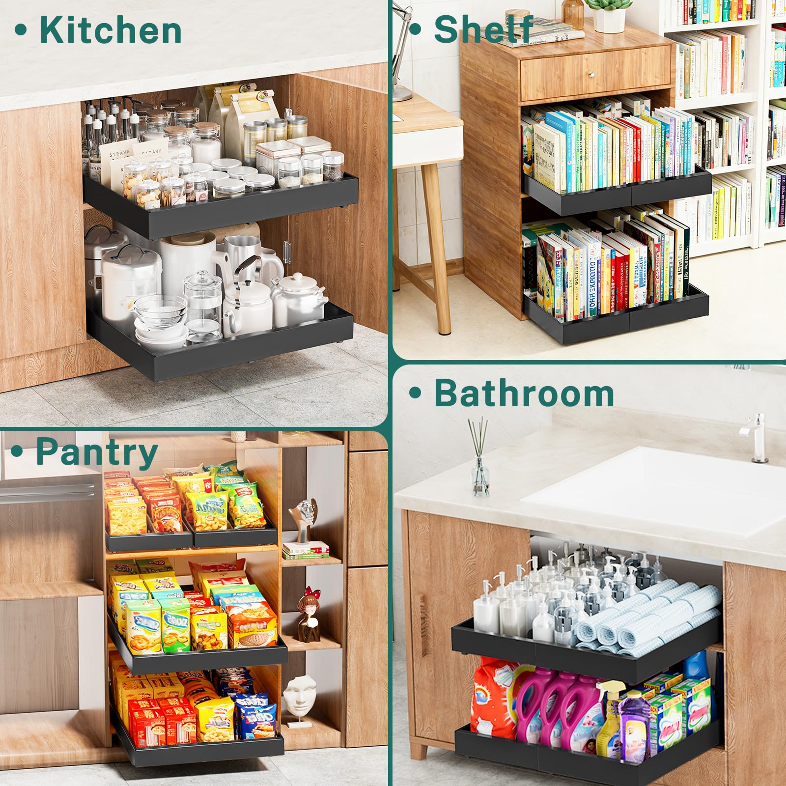 Ausziehbarer Schrank Organizer – Erweiterbare Teleskopschublade für Küchenschränke, Breitenverstellbarer Schrankauszug, Slide-Out Drawer für Küche & Vorratsraum (1 Stück, Schwarz)