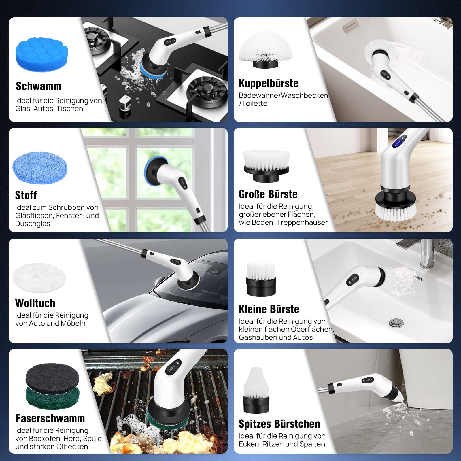 Elektrische Reinigungsbürste 10-in-1 - Mit 10 Bürstenköpfen & Teleskopstange | Kabellos IPX6