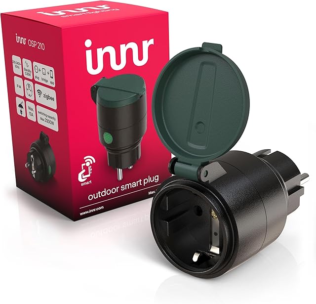 Innr Zigbee Smart gniazdko zewnętrzne, Smart Plug, współpracuje z Philips Hue*, Alexa, Hey Google (wymagany mostek) gniazdko zewnętrzne, wodoszczelność IP44, 10 A, 2300 W, OSP 210