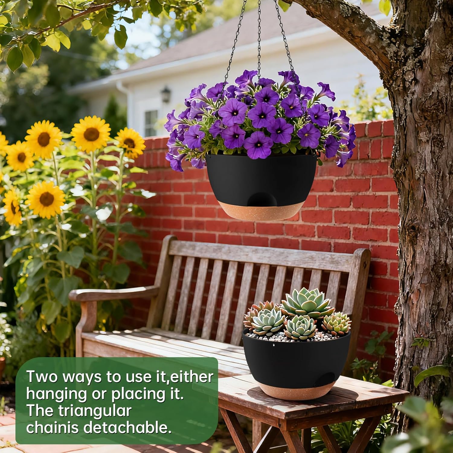 4-Piece Set of 8-Inch Hanging Planters with Automatic Watering System and Drip Tray, Includes Metal Chain, Suitable for Various Indoor and Outdoor Plants and Flowers, Black-Brown